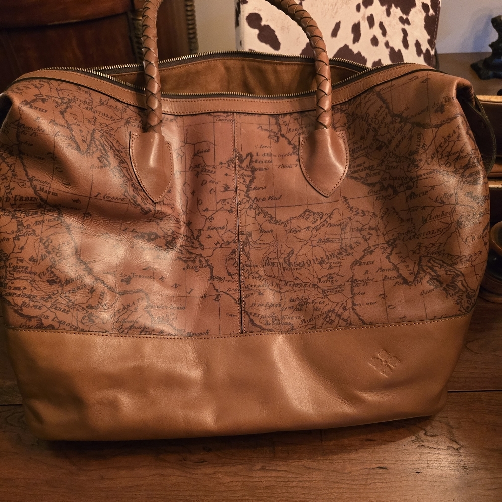Patricia Nash Brown Leather Map Print Tote Bag